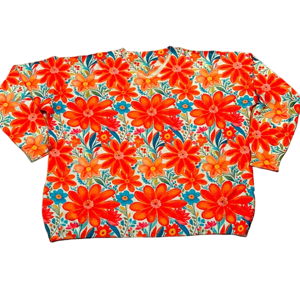 Floral Medium Weight Pullover Top V Neck 3/4 Sleeves Orange Blue Cream 4XL